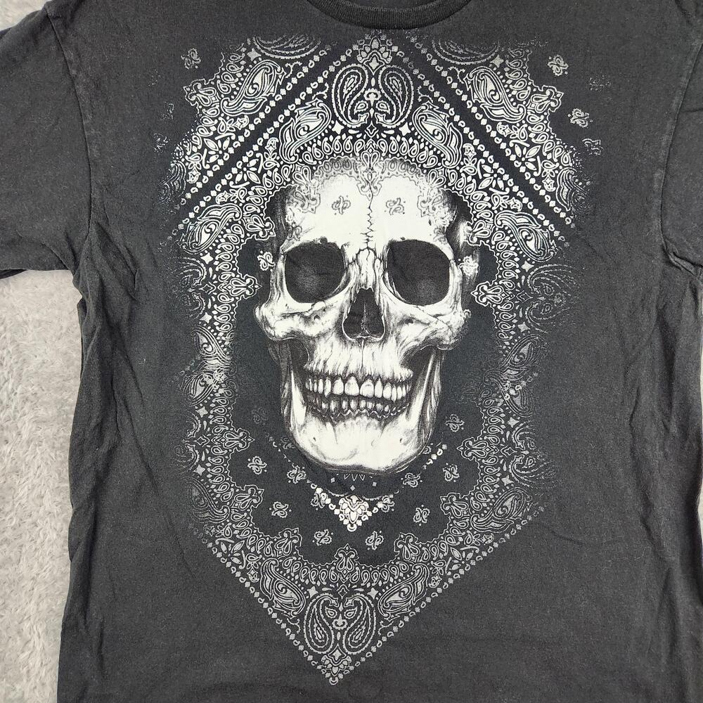 Vintage Skull Bandana Shirt Mens Large Black Gothic Graphic Paisley Death Y2k